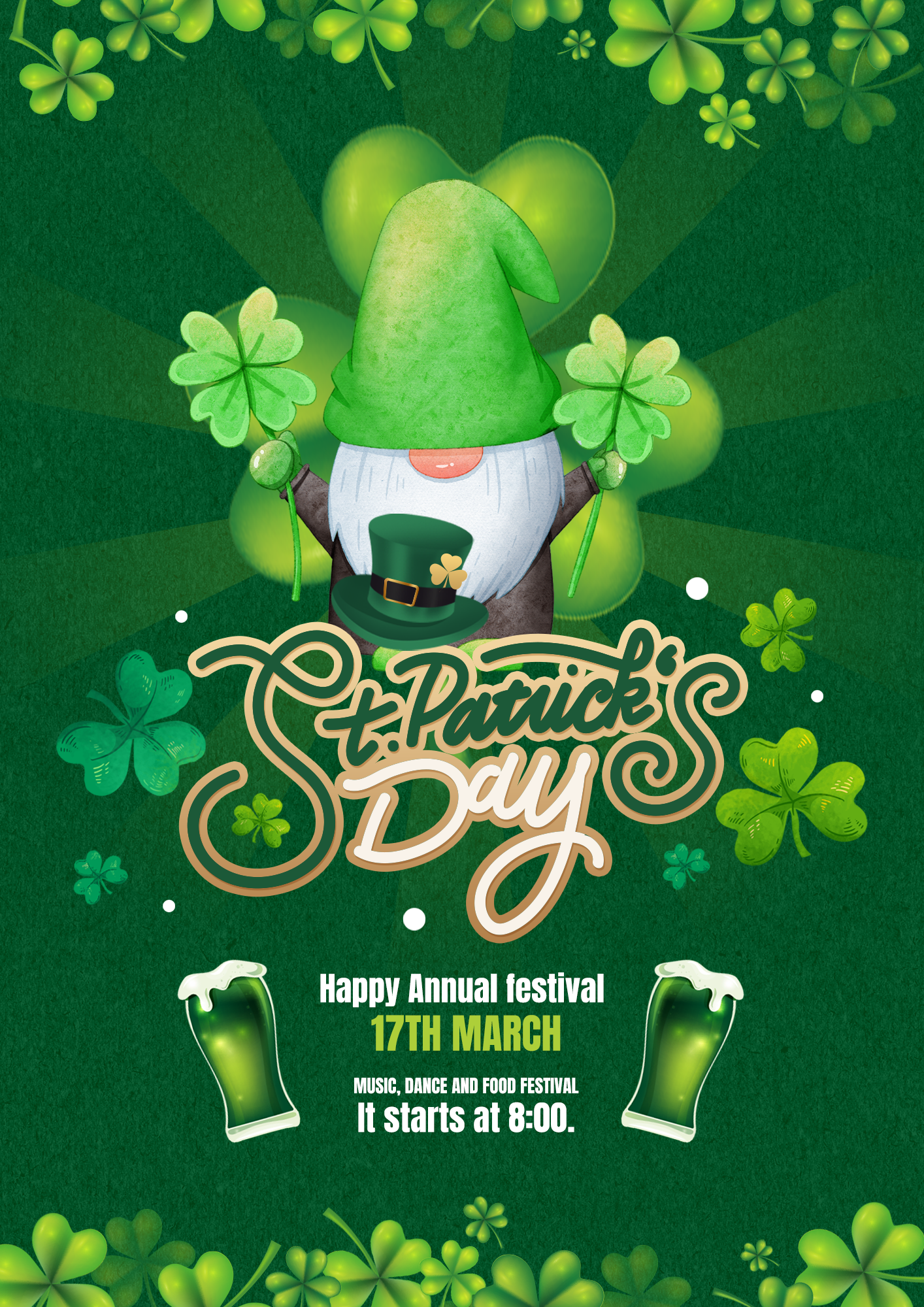 幸运草啤酒绿色矮人圣帕特里克节日海报图片