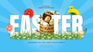 鸡蛋搅拌机海报模板_卡通花卉植物立体3d复活节彩蛋节日网页横幅