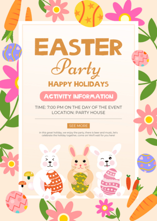 高兴的兔子海报模板_复活节节日派对花卉卡通风格邀请函