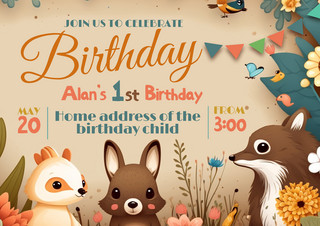 生日生日气球海报模板_绘画动物简约风格浅棕色生日贺卡