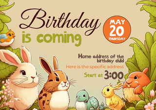 生日 儿童海报模板_绘画动物简约风格绿色生日贺卡