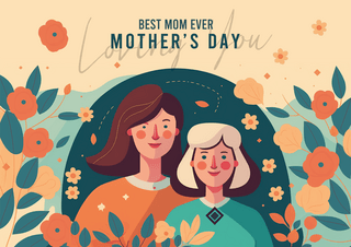 温暖节日海报模板_花卉植物叶子母亲与女儿卡通母亲节节日贺卡