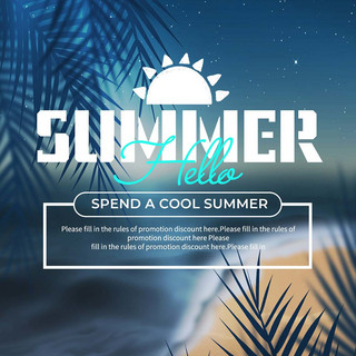 热带风格植物海报模板_夏季沙滩时尚风格深蓝色sns