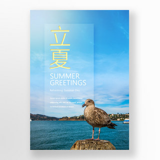 沙滩海鸥海报模板_蓝色夏季海报海鸥