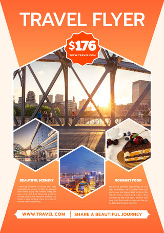 城市美食海报模板_彩色旅游传单橙色旅游传单 向量