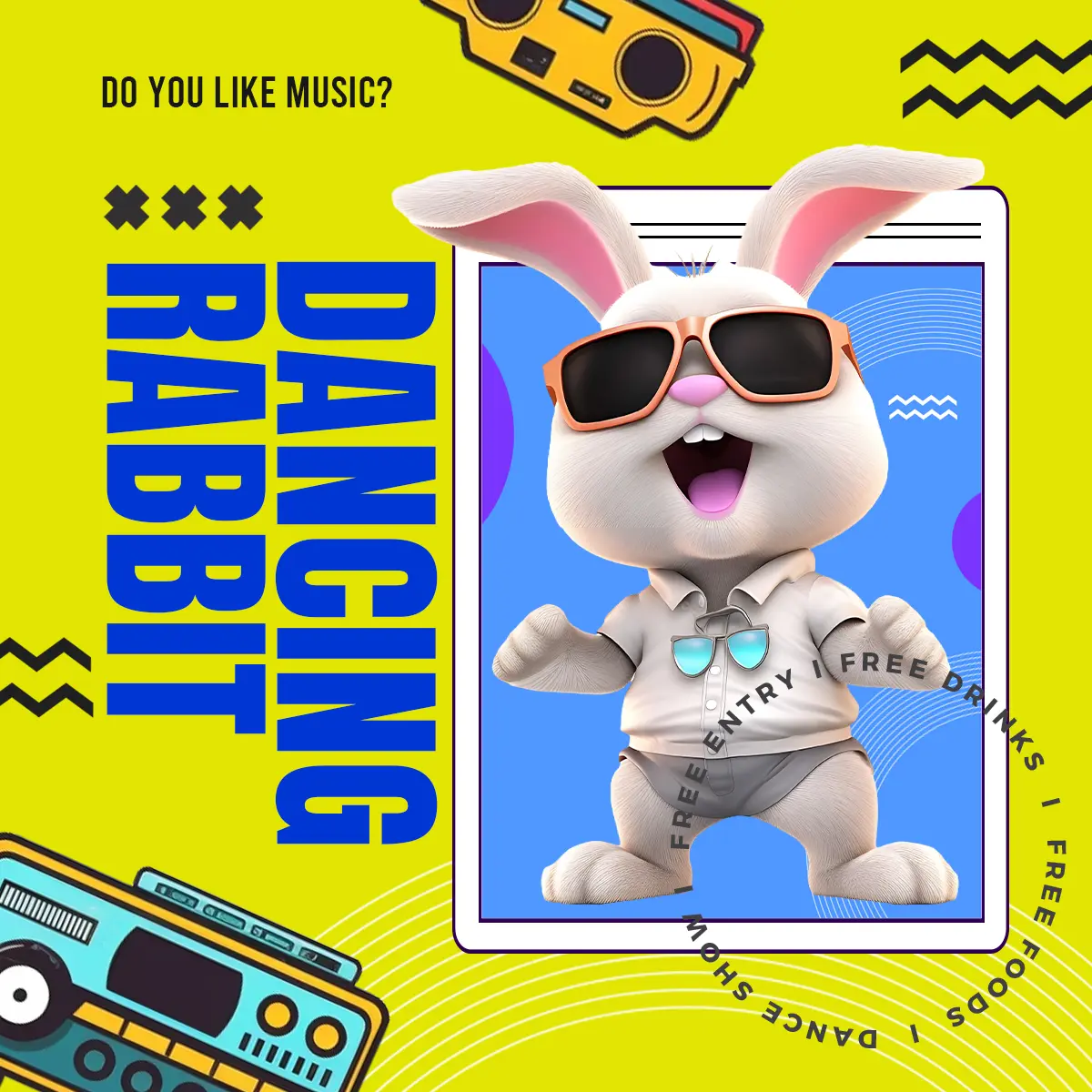 立体卡通3d兔子歌手乐器角色卡社交媒体广告图片