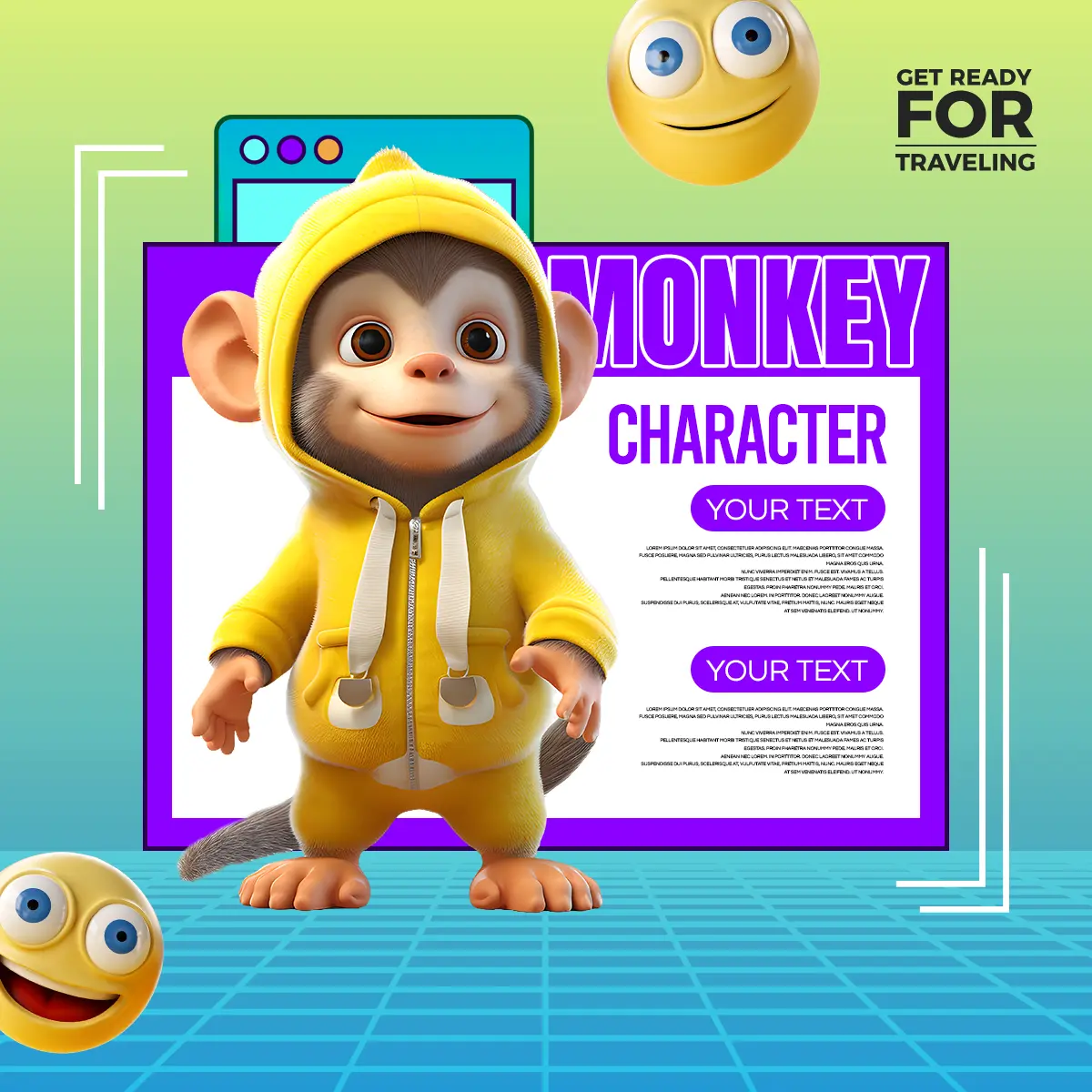 3d可爱立体笑脸猴子动物角色卡社交媒体广告图片