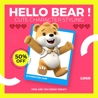 可爱熊海报模板_可爱小熊3d立体动物角色卡社交媒体广告