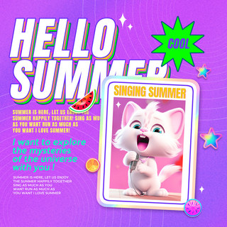 星星太阳海报模板_紫色全息背景创意唱歌的小猫卡片