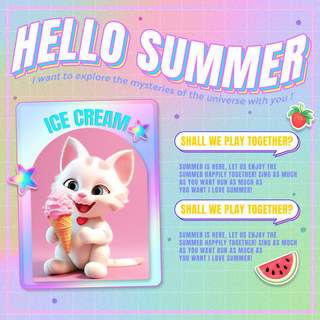 小猫海报模板_夏季全息色彩3d吃冰激凌的小猫角色卡片