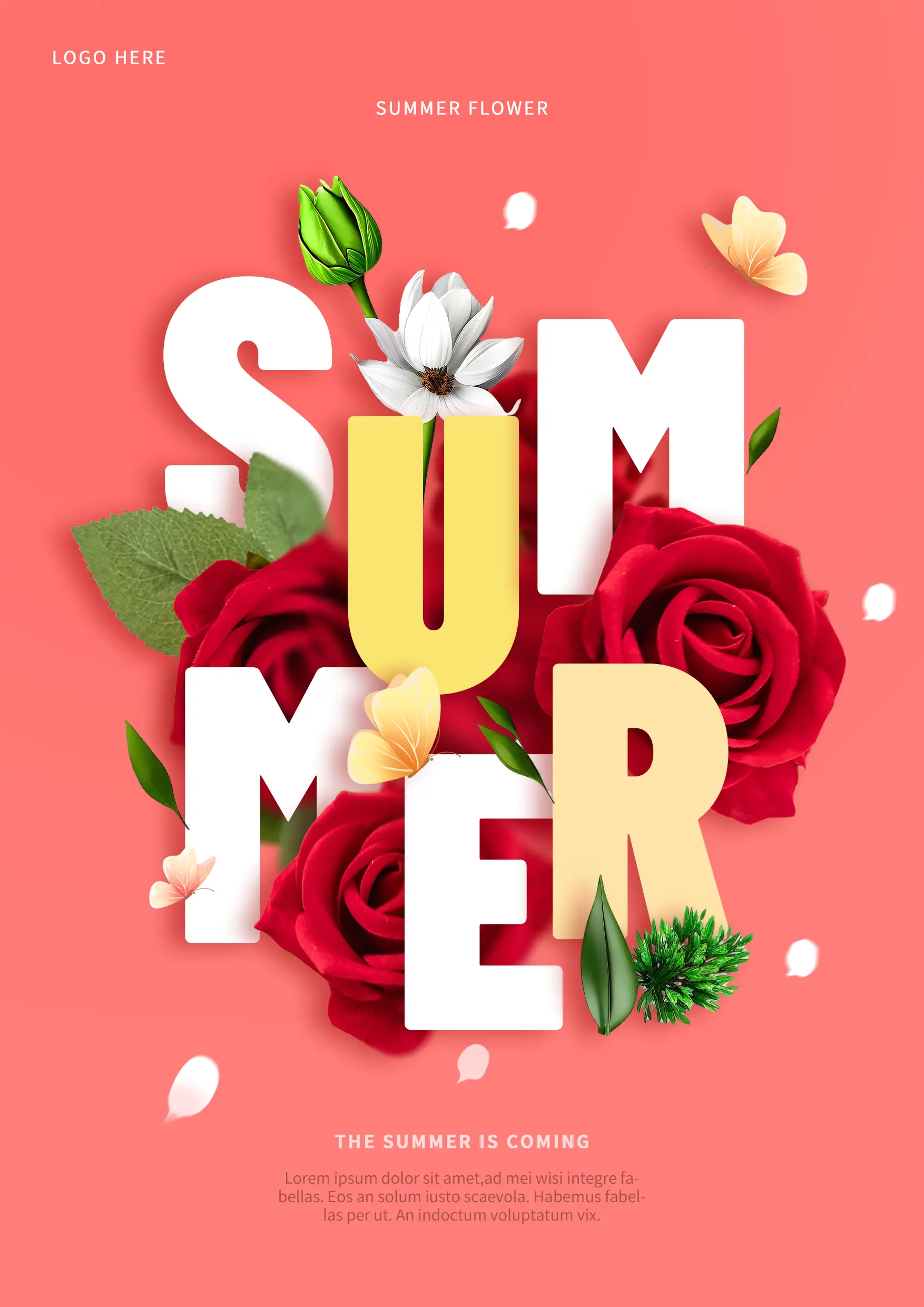 夏季字母花朵拼接红色大色块海报图片