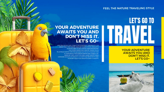 学话的鹦鹉海报模板_植物叶子旅行箱鹦鹉夏日旅行网页横幅