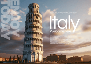 环球旅行旅游海报模板_意大利比萨斜塔环球旅行宣传海报