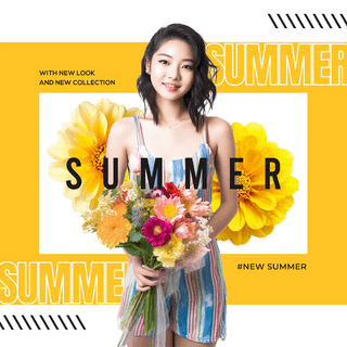 夏日清凉促销海报模板_花卉植物夏日女孩促销社交媒体广告
