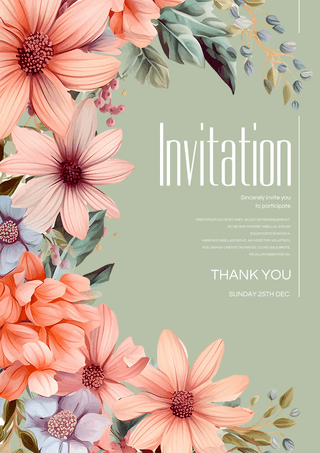 标题奖牌装饰海报模板_浪漫卡通花卉植物叶子邀请函