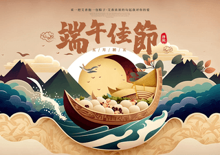 中国美食卡通海报模板_卡通抽象龙舟端午节节日海报