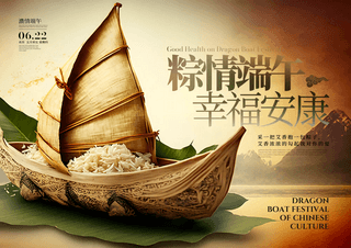 中国美食卡通海报模板_水墨卡通端午节龙舟粽子美食节日海报