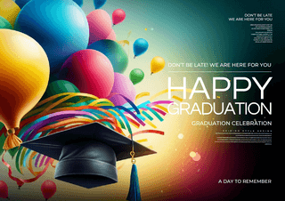 博士帽彩色气球毕业典礼宣传海报