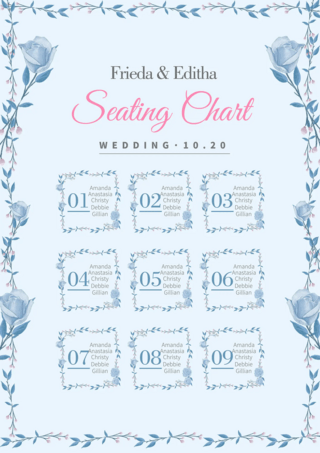 结婚戒指海报模板_水彩婚礼座位表蓝色花卉创意模板