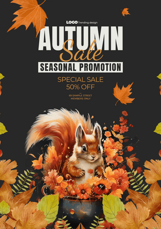 秋季的海报模板_卡通落叶枫叶插画松鼠秋季宣传促销折扣海报