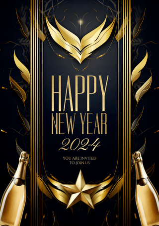 跨年庆典海报模板_金色五星香槟边框2024新年快乐节日派对海报
