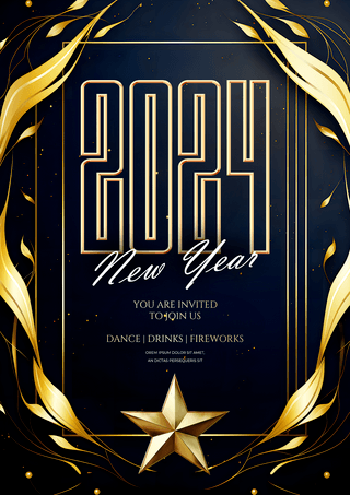 新年海报字体装饰海报模板_金色五星丝带漂浮2024新年快乐节日海报