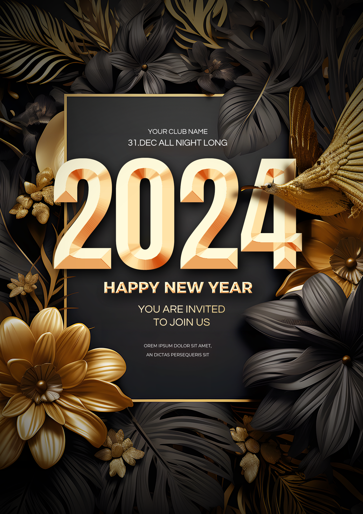 金色植物花卉边框2024新年节日派对海报图片