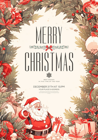 新年快乐圣诞节快乐海报模板_圣诞老人植物叶子圣诞礼物卡通插画圣诞节节日邀请函