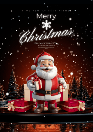 圣诞老人礼物卡通海报模板_立体3d卡通圣诞老人礼物盒圣诞树圣诞节新年派对邀请函