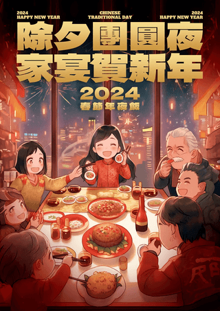 新年美食美食海报模板_卡通插画阖家团圆除夕年夜饭2024龙年新年春节海报