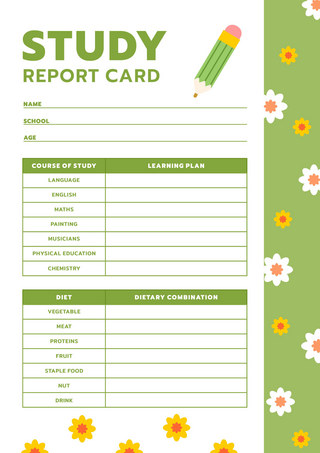 黄色绿色花朵海报模板_卡通报告卡模板绿色花朵报告卡 向量
