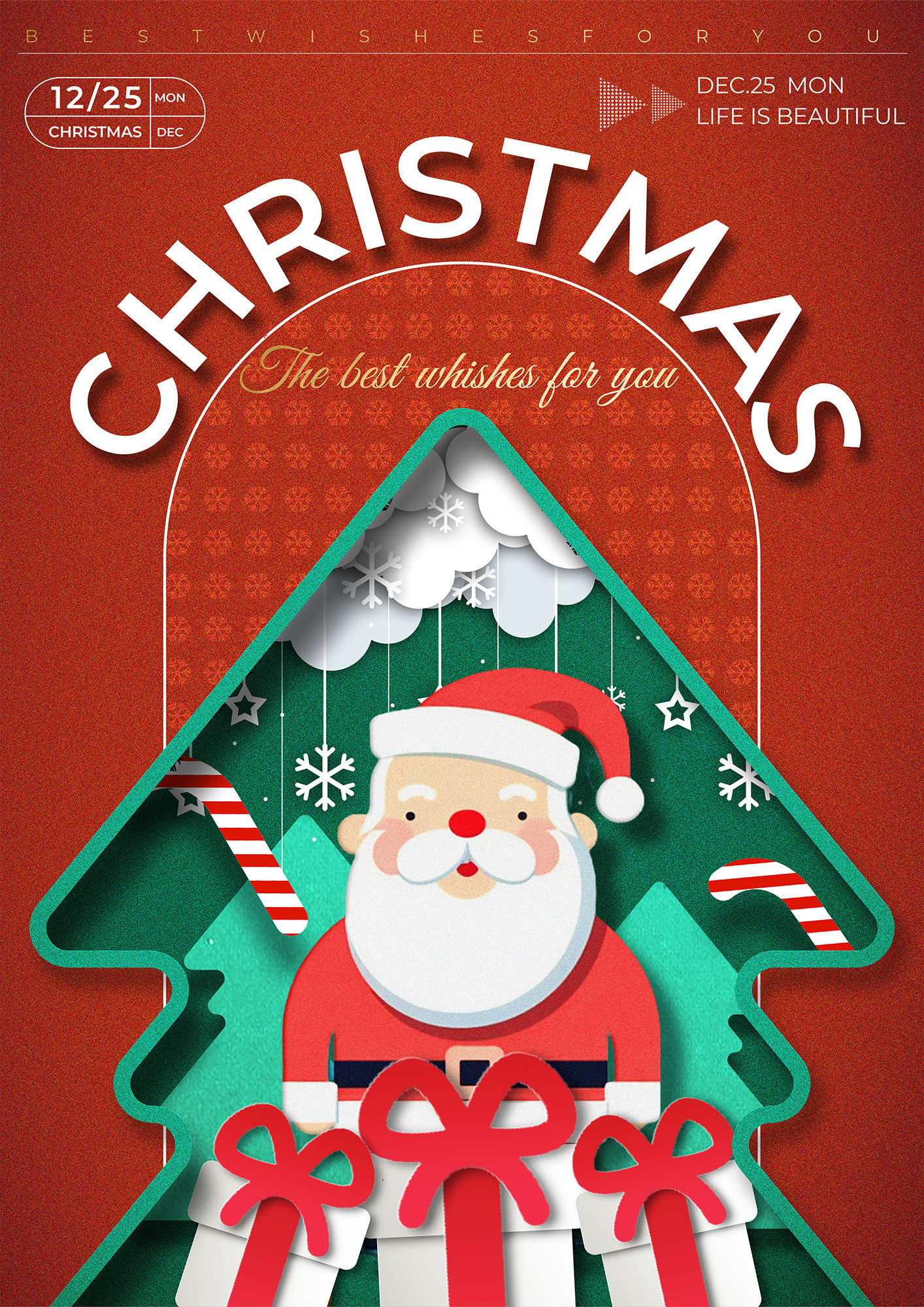 圣诞节创意风格立体剪纸质感红棕色海报图片
