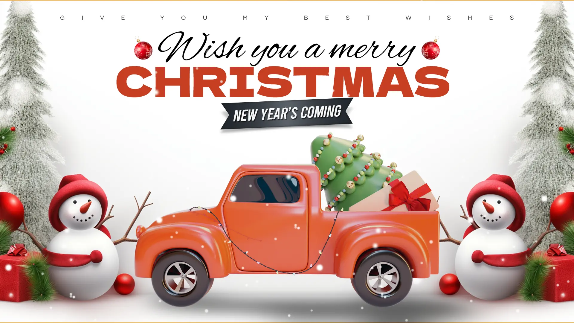 卡通立体3d雪人卡车圣诞树礼物盒圣诞节快乐新年节日祝福网页横幅图片