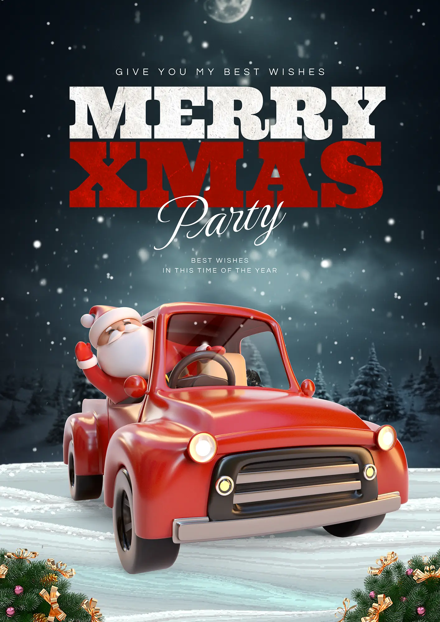 雪地雪花飘落圣诞老人汽车圣诞快乐节日祝福新年海报图片