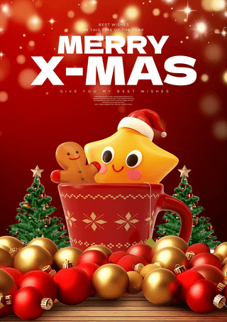 装饰摆件海报模板_金色红色挂饰球圣诞树圣诞礼物立体3d卡通圣诞节快乐新年节日海报