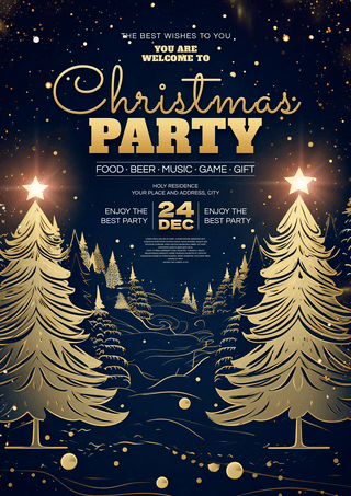 圣诞树礼物海报模板_金色光效圣诞树冬季雪花圣诞节节日新年派对邀请函海报
