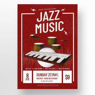 钢琴音乐会海报海报模板_红色线框复古纹理钢琴架子鼓爵士音乐会海报