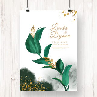 手绘花植物水彩海报模板_豪华泼墨水彩风格植物婚礼海报