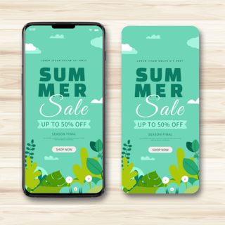 清新夏天风景海报模板_矢量绿色夏季风景手机端促销