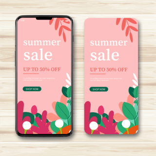 彩色简约边框海报模板_粉色矢量植物边框夏季手机端促销