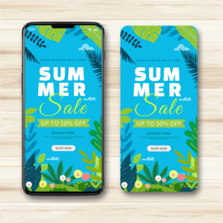 夏季蓝色手绘海报模板_蓝色手绘植物边框夏季手机端促销