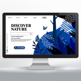 网页设计蓝色海报模板_蓝色手绘蝴蝶元素自然网页设计