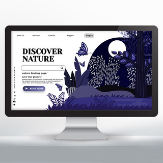 自然植物元素海报模板_蓝色树森蝴蝶元素自然网页设计