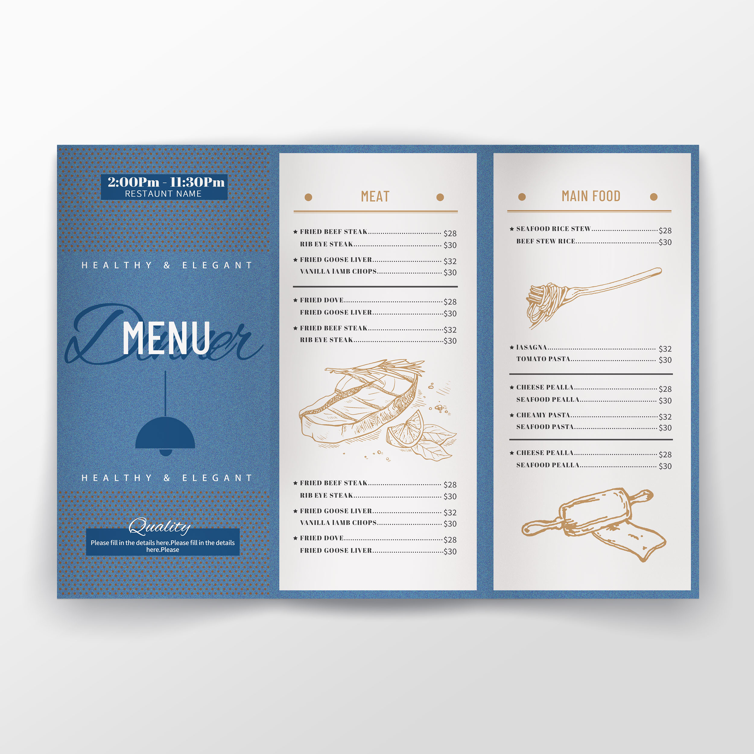 清新时尚波点创意层次感蓝色简约西餐正餐菜单折页图片