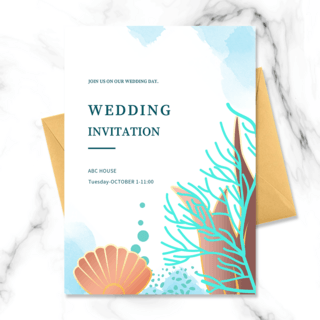 婚礼手绘元素海报模板_蓝色海洋元素婚礼邀请函