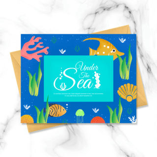 珊瑚世界海报模板_手绘蓝色海底世界海洋馆明信片