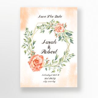 玫瑰叶子海报模板_橙色婚礼玫瑰叶子邀请函
