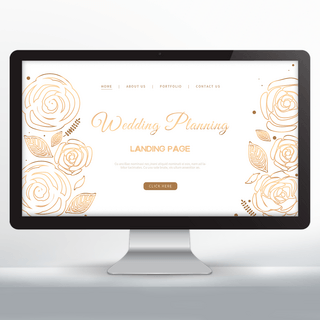 玫瑰叶子海报模板_淡雅金色玫瑰花朵婚庆策划网页设计