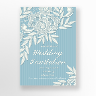 编织条纹海报模板_蓝色花卉植物蕾丝婚礼邀请函