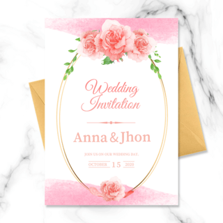 粉色花朵花环海报模板_椭圆形边框花朵婚礼邀请函